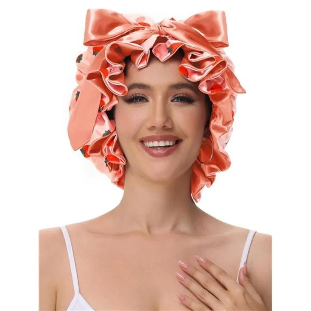 Strawberry Satin Sleep Bonnet – Adjustable Ruffle Cap with Oversized Bow